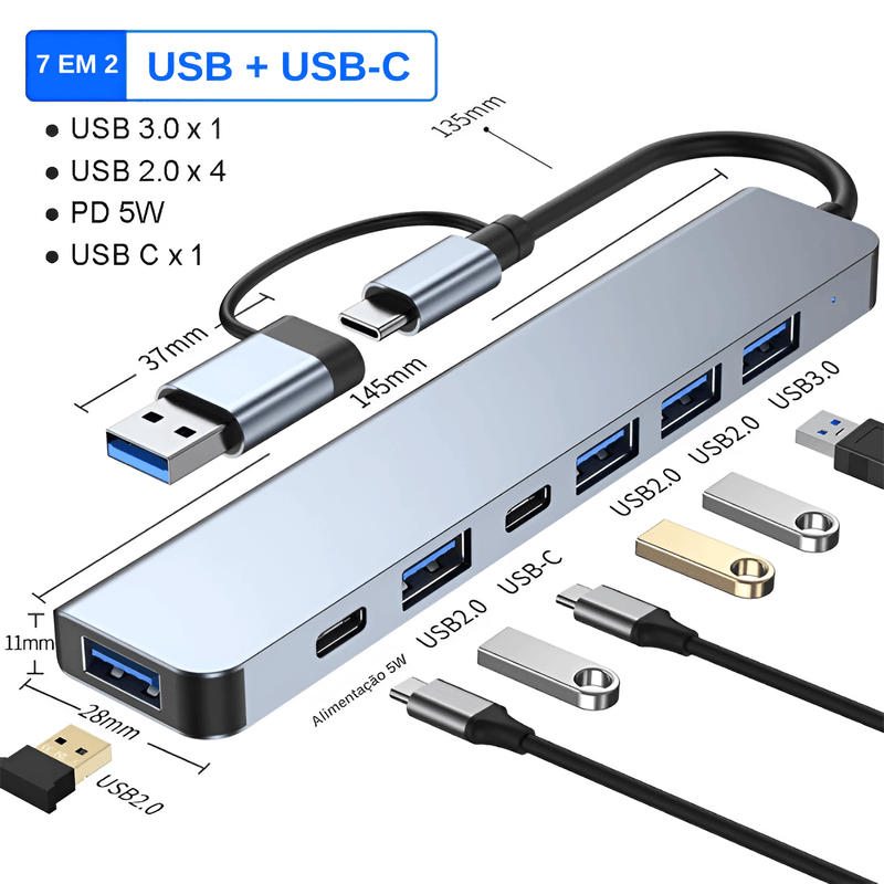 HUB 7 em 2 - USB e USB-C - Prime Compra